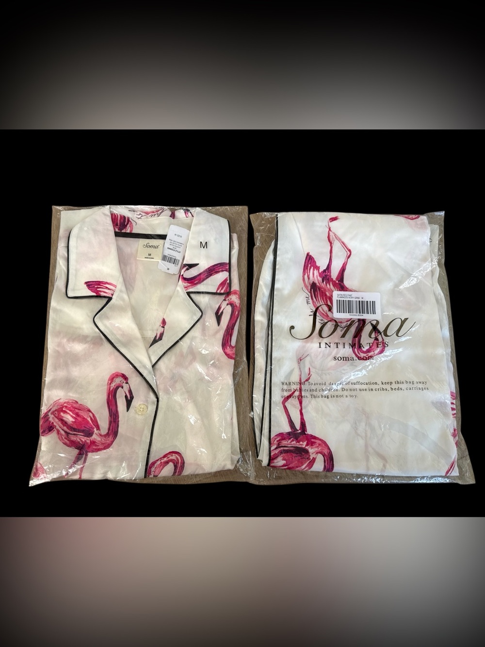 Soma Intimates Satin Pajama Set Ivory Flamingo Print- Sz Medium NWT